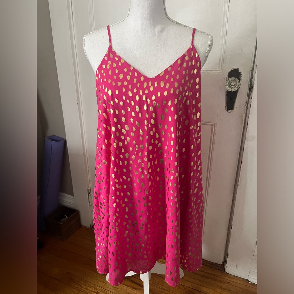 Pink Gold Foil Polka Dot Dress with Pockets